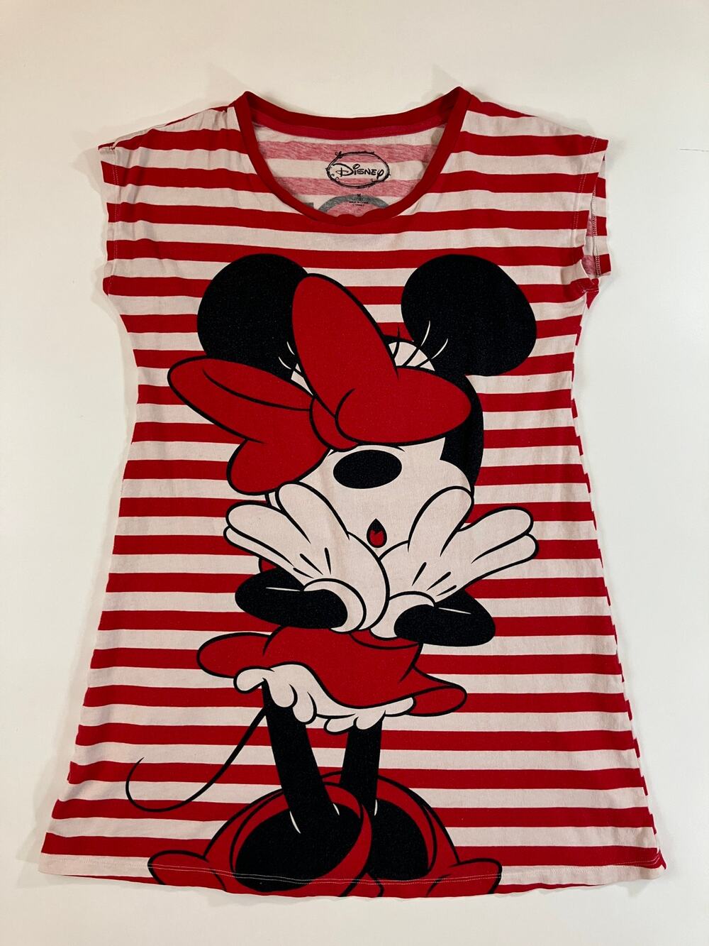Disney Minnie Mouse Women M 7/9 Red White Striped 100% Cotton Sleep Shirt